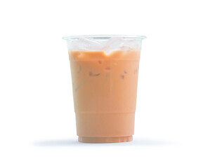 Orange Thai iced condensed milk tea in transparent plastic glass isolated on white background with clipping path