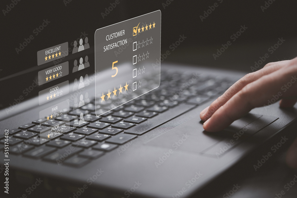 Poster hand touching to pad of computer laptop to excellent score from customer evaluation after client use