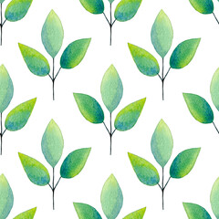 Green leaves on white. Seamless pattern with green watercolor foliage. Simple botanical fabric print. Fresh greenery