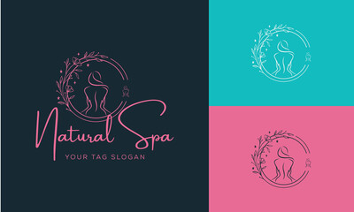 Set of Spa element Hand Drawn Logo with body and Leaves. Logo for spa and beauty salon, boutique, massage therapy, organic shop, relaxation, woman body, interior, yoga, cosmetics, jewelry store