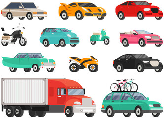 Set of modes of transport and machine shapes. Transport isolated on white background. Crossover, hatchback, pickup, cabriolet vehicle, motorbike, motorcycle. Cars of different types without drivers