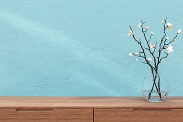 3d renderred illustration of a flower vase on a wooden sideboard.