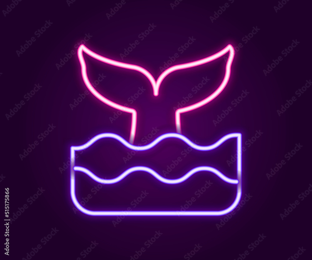 Poster glowing neon line whale tail in ocean wave icon isolated on black background. colorful outline conce