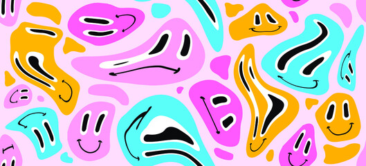 Seamless pattern with funny cartoon characters. Trippy 70s style background.