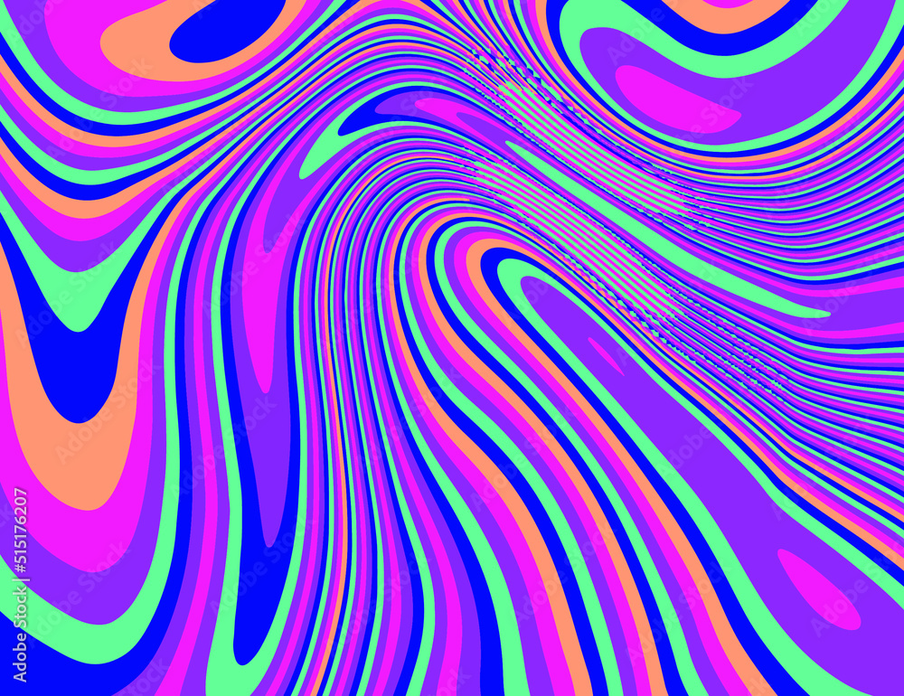 Poster op-art psychedelic background with distorted and wavy lines and curves. the 60s and 70s hippie style