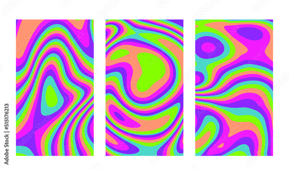 Poster set of hippie retro posters with melting and distorting shapes.
