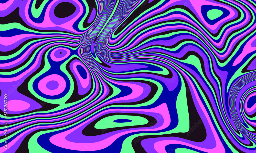 Poster op-art psychedelic background with distorted and wavy lines and curves. the 60s and 70s hippie style