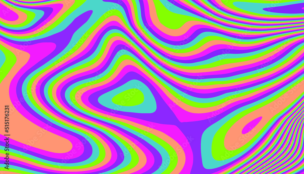 Poster Op-art psychedelic background with distorted and wavy lines and curves. The 60s and 70s hippie style.