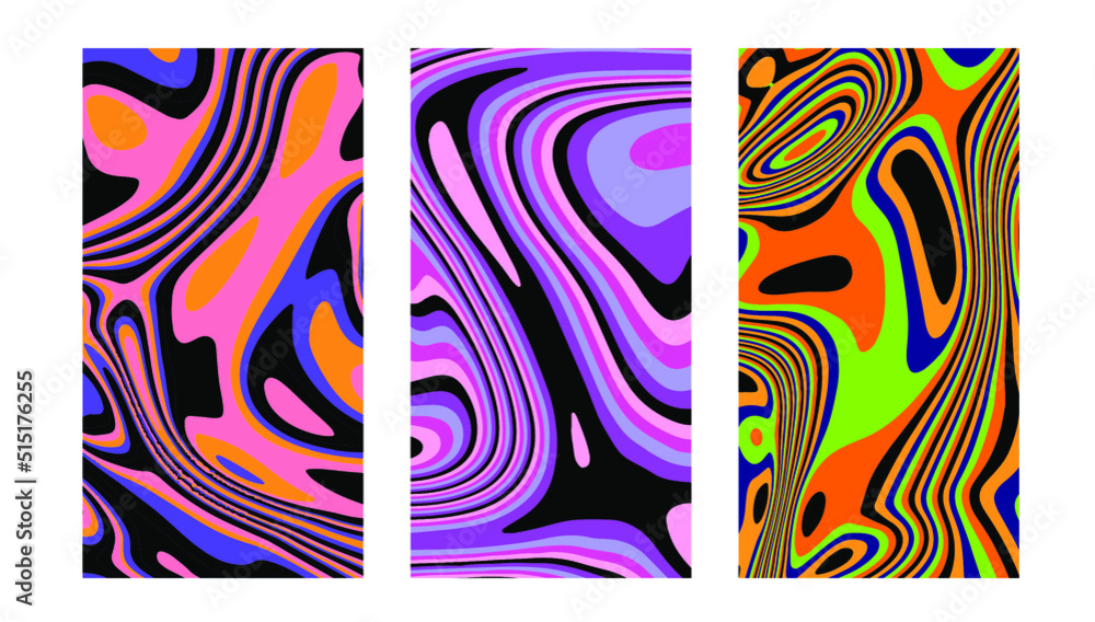 Poster Set of hippie retro posters with melting and distorting shapes.