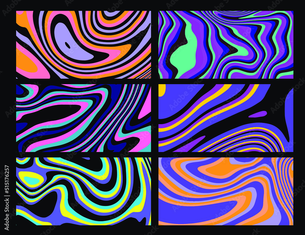 Poster Set of hippie retro posters with melting and distorting shapes.