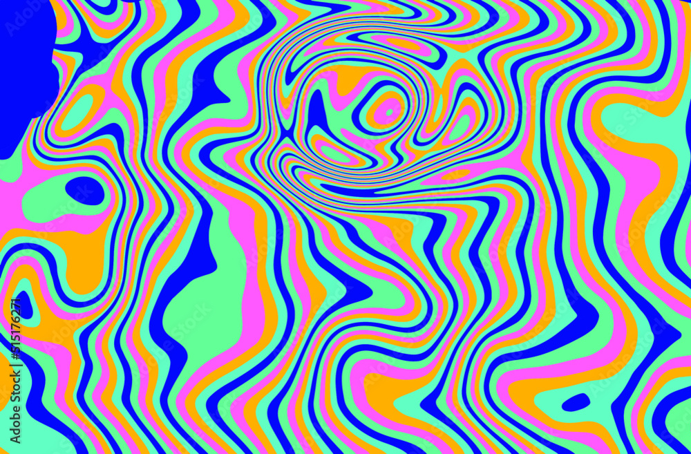 Poster trippy glitch background in style of psychedelic 60s and 70s parties with bright acidic rainbow colo