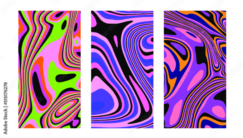 Poster Set of hippie retro posters with melting and distorting shapes.