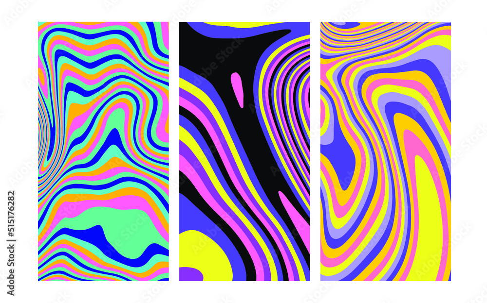 Poster set of hippie retro posters with melting and distorting shapes.