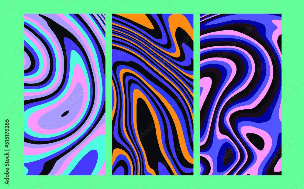 Aufkleber set of hippie retro posters with melting and distorting shapes.
