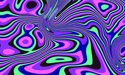 Op-art psychedelic background with distorted and wavy lines and curves. The 60s and 70s hippie style.