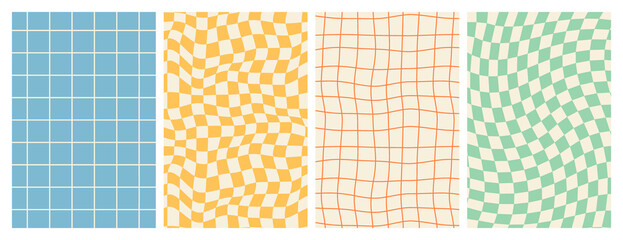 Groovy hippie 70s backgrounds. Checkerboard, chessboard, mesh, waves patterns. Twisted and distorted vector texture in trendy retro psychedelic style. Y2k aesthetic.