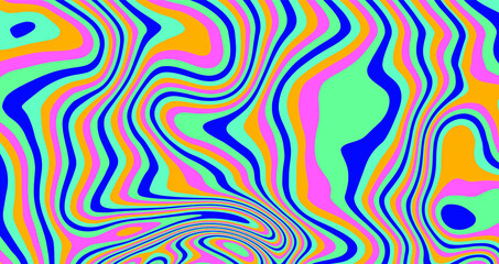 Trippy glitch background in style of psychedelic 60s and 70s parties with bright acidic rainbow colors and a winding geometric wavy pattern.