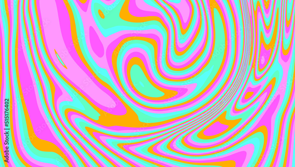 Poster Op-art psychedelic background with distorted and wavy lines and curves. The 60s and 70s hippie style.