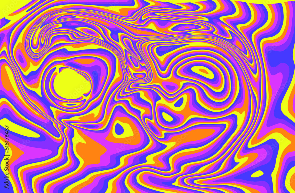 Poster trippy glitch background in style of psychedelic 60s and 70s parties with bright acidic colors and a