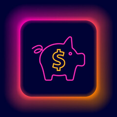 Glowing neon line Piggy bank icon isolated on black background. Icon saving or accumulation of money, investment. Colorful outline concept. Vector