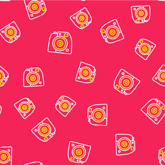 Line Photo camera icon isolated seamless pattern on red background. Foto camera. Digital photography. Vector