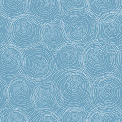 Fototapeta na wymiar Abstract seamless pattern with white hand drawn spiral circles on a pale blue background. Simple vector graphic backdrop. Soft delicate print for textile, fabric, wallpaper, paper wrapping and cover