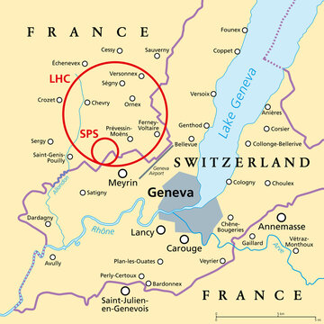 Large Hadron Collider (LHC) and Super Proton Synchrotron (SPS), political map. Position of worlds largest and highest-energy particle collider near Geneva beneath the border of France and Switzerland.