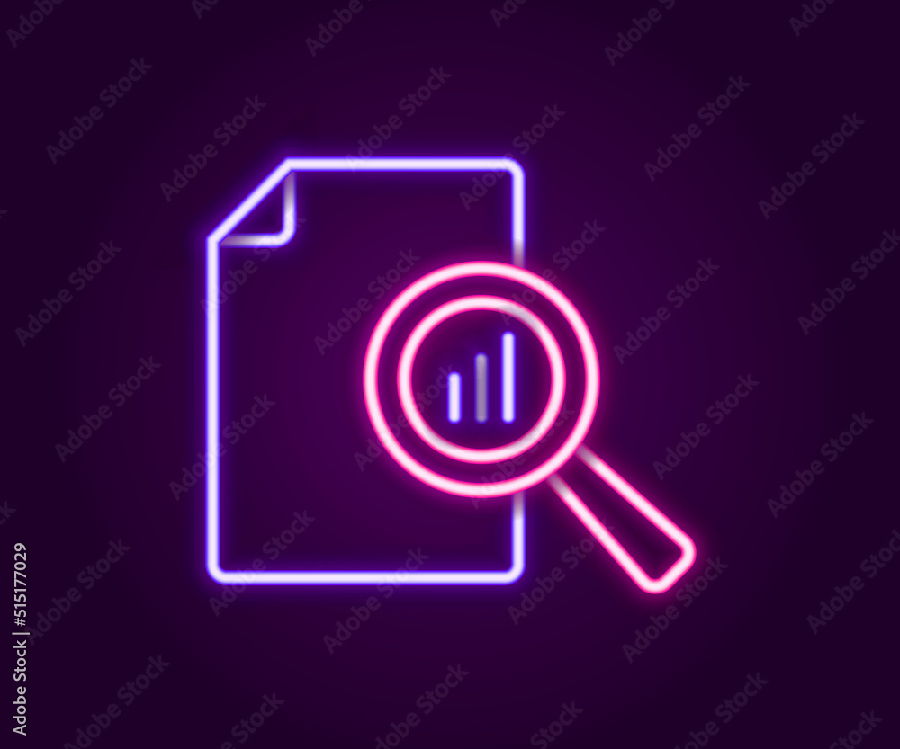 Poster glowing neon line document with graph chart icon isolated on black background. report text file icon