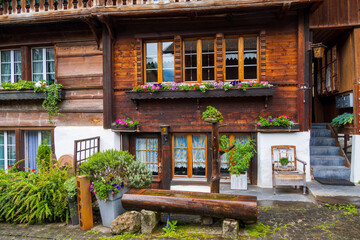 Typical facades in the town of Brienz, in the canton of Bern, Switzerland.