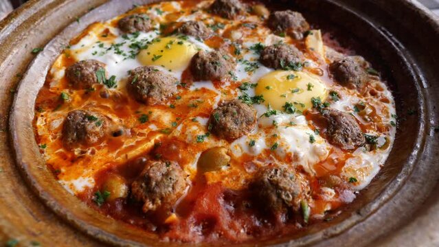 A  traditional kefta (kofta) meal served in a tajine, tagine in a Moroccan clay pot, hot, and sizzling. Traditional Moroccan slow-cooked meal with meatballs (meatloaf) and eggs. 4k.