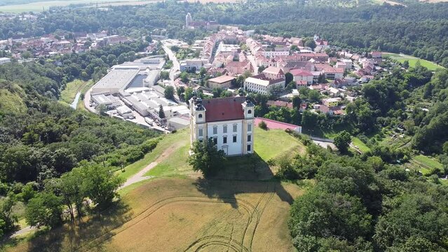 Kaple sv. Flori&aacute;na Moravsky Krumlov historical old town chappel on a scenic hill-aerial panorama view Southern Moravia Czech republic Saint Florian baroque chapel,Moravsk&yacute; Krumlov, Czechia