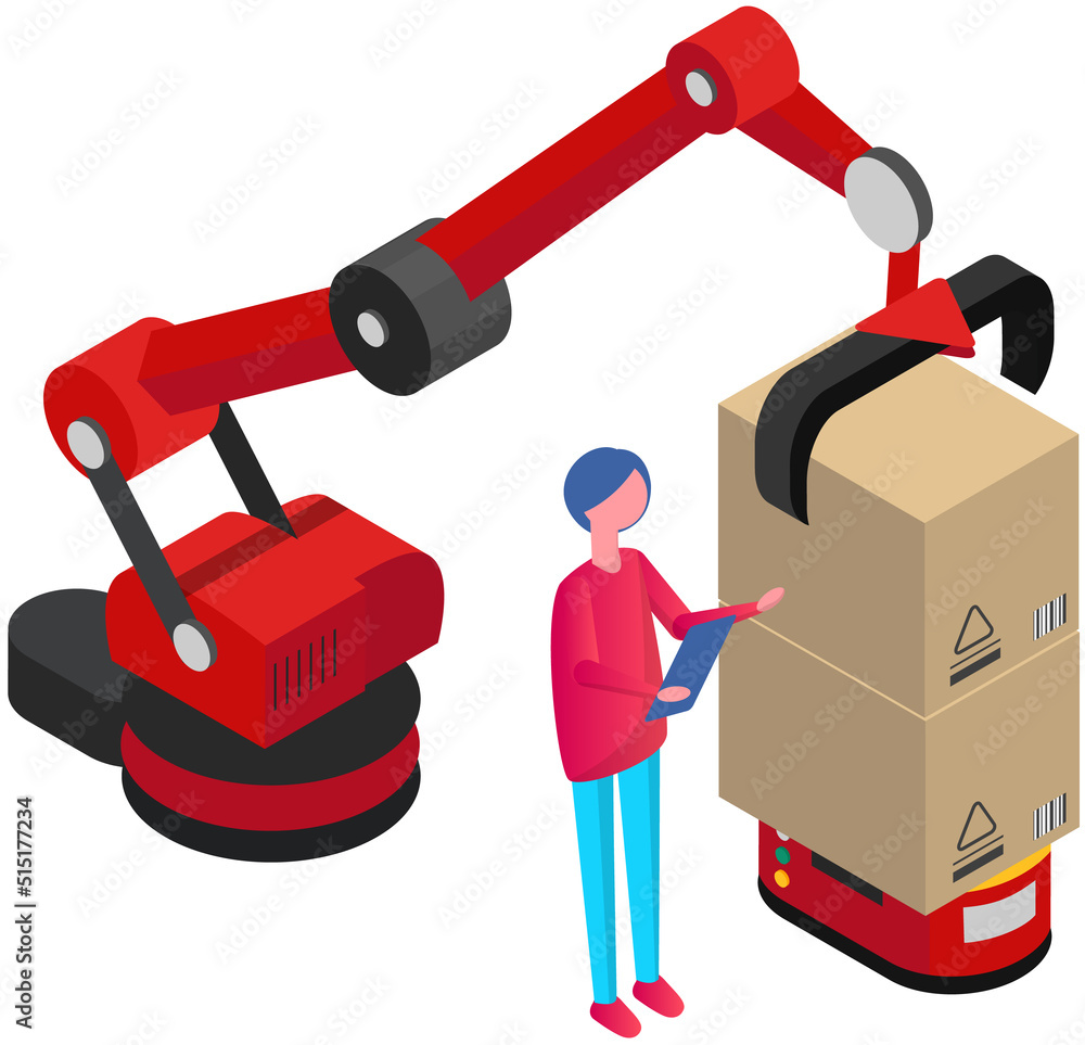 Poster automation and robot technology concept. operator with tablet controls manipulators loading boxes. p