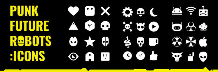 Icon set in futuristic style, cyberpunk elements, robots emoticons collection, vector symbols of cyborgs, aliens and monsters