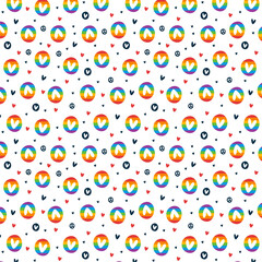 Colorful never ending pattern with colors and symbols of lgbt community. LGBTQI+ flat vector illustrations for fabric print and other