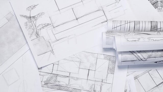 Background on the theme of business in the field of construction and architecture. Sheets with drawings and sketches of the interior of a living room with a sofa