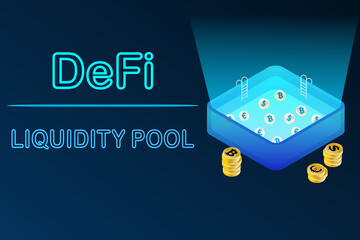 Liquidity Pools, the underlying technology behind the DeFi ecosystem. Cryptocurrencies, DeFi and Liquidity Pool neon text.