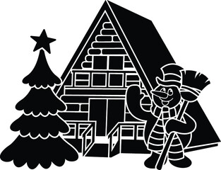 Black and White Cartoon Illustration Vector of a Festive Log Cabin with a Christmas Tree and Snowman