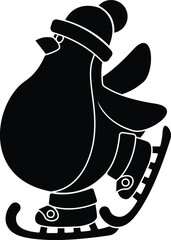 Black and White Cartoon Illustration Vector of a Cartoon Penguin ice Skating with a Wooly Hat