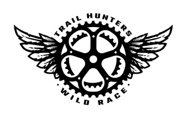 Bicycle star and wings, trail hunter symbol, logo. Vector illustration.