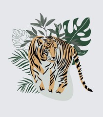Hand drawn tigers with leaves background  Vector