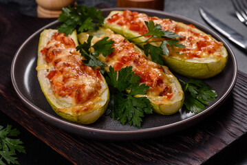 Baked stuffed zucchini boats with minced chicken mushrooms and vegetables with cheese