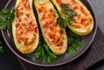 Baked stuffed zucchini boats with minced chicken mushrooms and vegetables with cheese