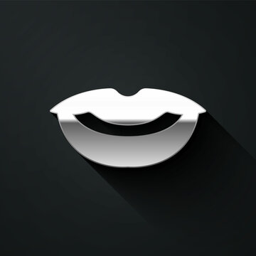 Silver Smiling lips icon isolated on black background. Smile symbol. Long shadow style. Vector