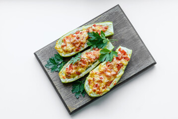 Baked stuffed zucchini boats with minced chicken mushrooms and vegetables with cheese
