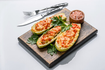 Baked stuffed zucchini boats with minced chicken mushrooms and vegetables with cheese