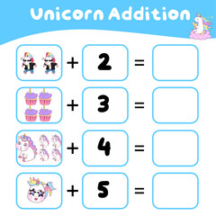 Math worksheet with unicorn theme. Learning how to counting for preschool children. Educational printable sheet. Vector illustration. 