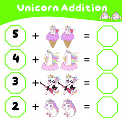 Math worksheet with unicorn theme. Learning how to counting for preschool children. Educational printable sheet. Vector illustration. 