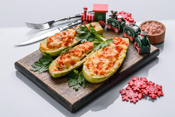 Baked stuffed zucchini boats with minced chicken mushrooms and vegetables with cheese. Christmas table