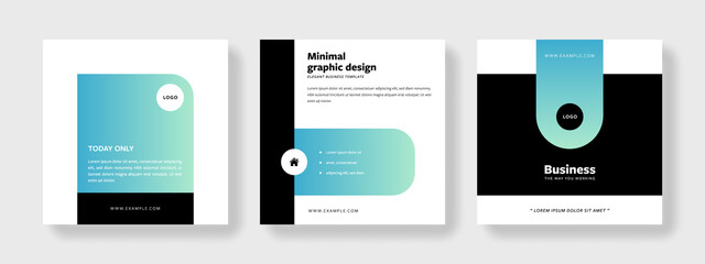Pack of three editable minimal social media layouts with rounded chapes, clean instagram and facebook templates for business, minimalistic organized corporate graphics	
