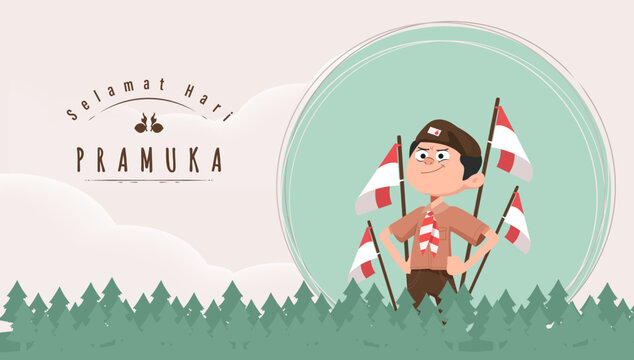 Translate: Happy Scout Day August 14 Indonesian Festival Day. Selamat Hari Pramuka. Vector Illustration. Boy and girl Student celebrate pramuka day. 